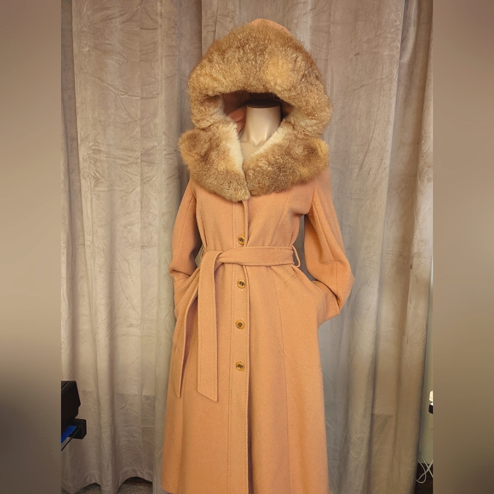 Vintage Real Fur Hooded Dress Coat, Salmon Color size 6-8
